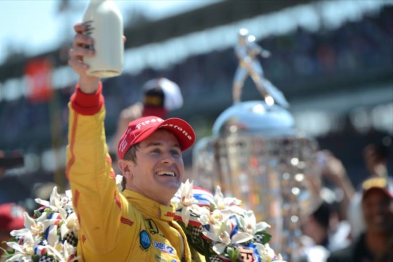 Ryan Hunter-Reay celebrates after winning the 2014 Indy 500. Photo by Chris Owens for IndyCar